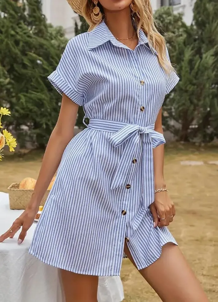 chouyatou Women's Summer Stripe Midi Long Shirt Dress Short Sleeve Button Down Tunic Dress with Belt