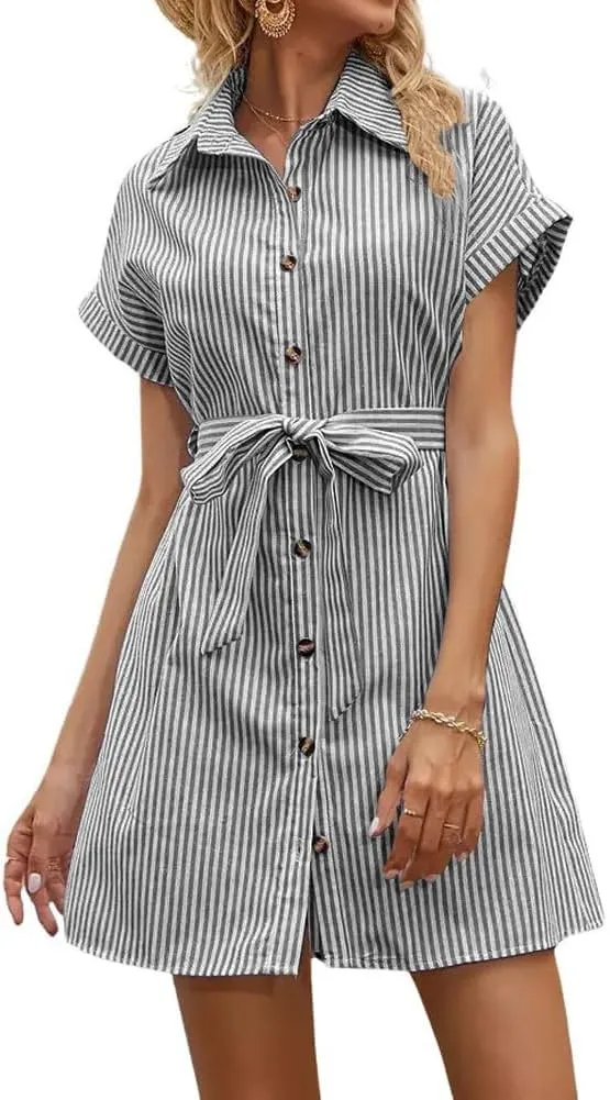 chouyatou Women's Summer Stripe Midi Long Shirt Dress Short Sleeve Button Down Tunic Dress with Belt