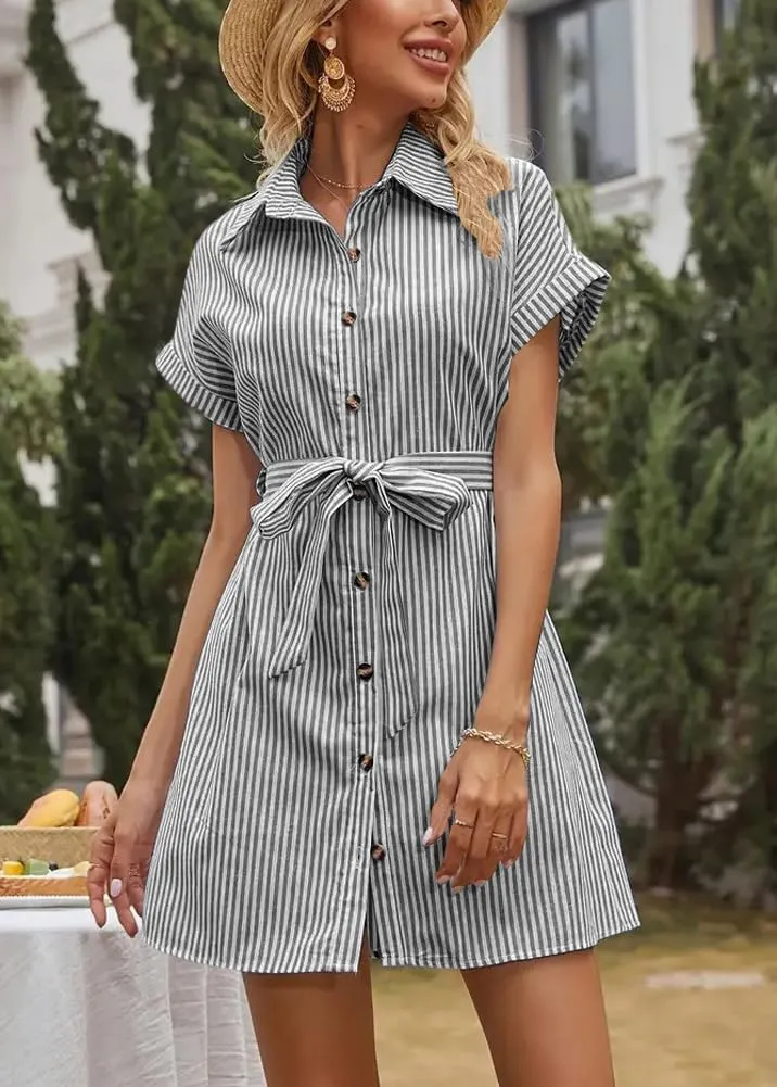 chouyatou Women's Summer Stripe Midi Long Shirt Dress Short Sleeve Button Down Tunic Dress with Belt