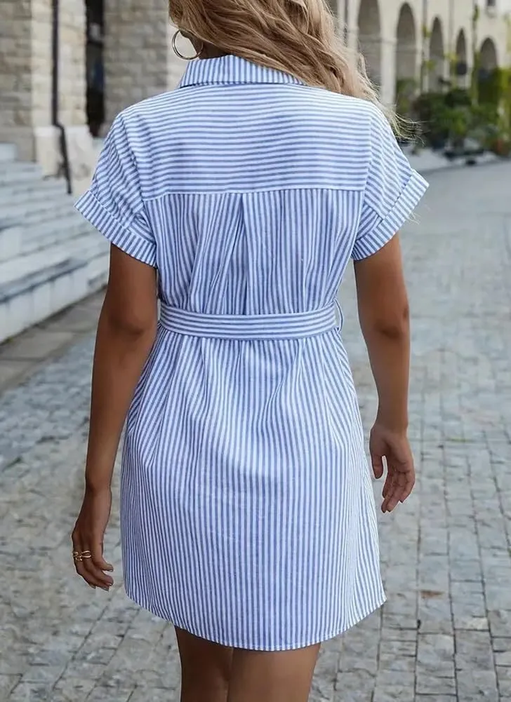 chouyatou Women's Summer Stripe Midi Long Shirt Dress Short Sleeve Button Down Tunic Dress with Belt