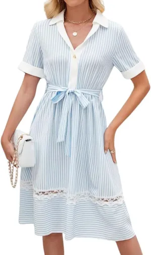 chouyatou Women's Summer Striped Lace Embroidery Patchwork Shirt Dress Boho Beach Midi Long Button Down Dress