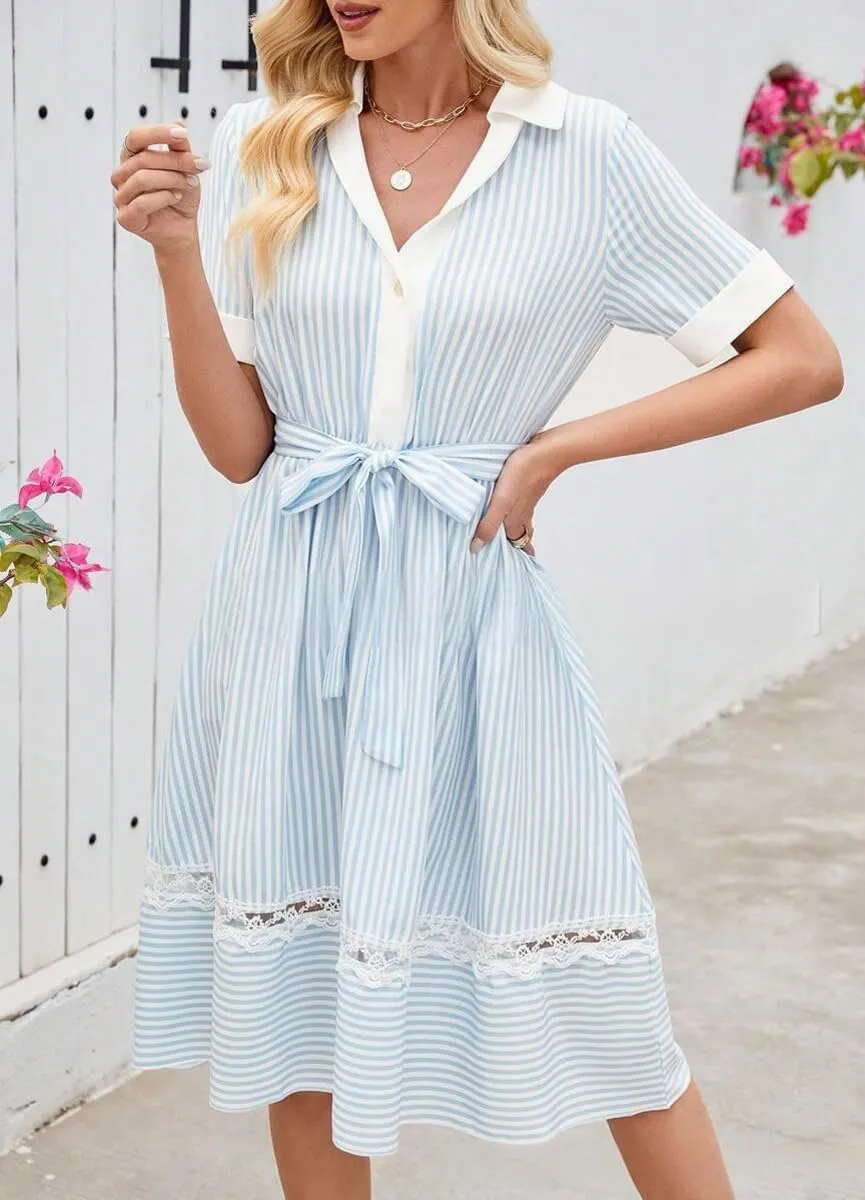chouyatou Women's Summer Striped Lace Embroidery Patchwork Shirt Dress Boho Beach Midi Long Button Down Dress