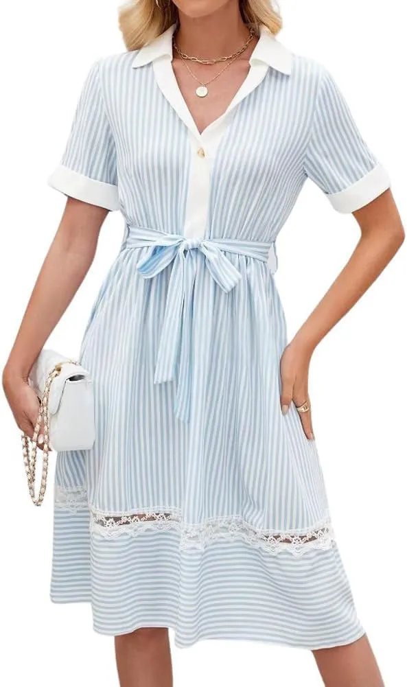 chouyatou Women's Summer Striped Lace Embroidery Patchwork Shirt Dress Boho Beach Midi Long Button Down Dress