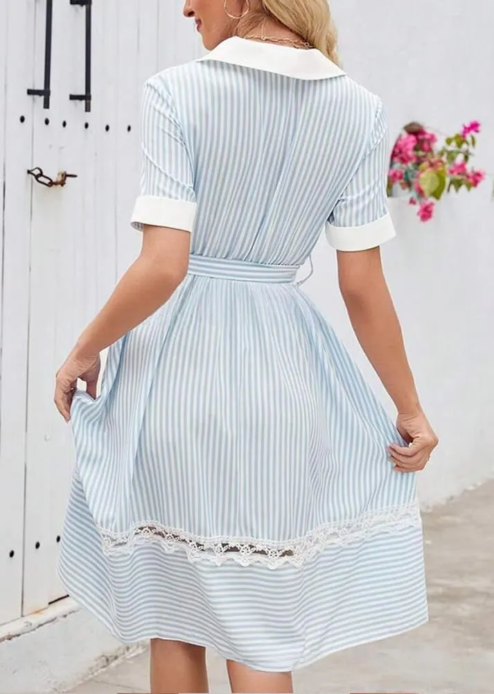 chouyatou Women's Summer Striped Lace Embroidery Patchwork Shirt Dress Boho Beach Midi Long Button Down Dress