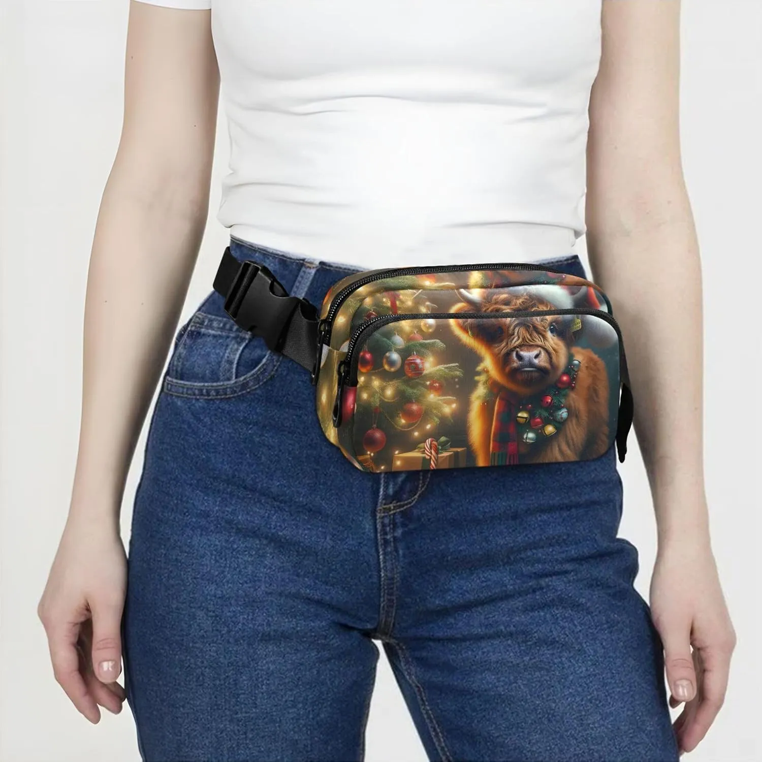 Christmas Cute Highland Cow Fanny Packs Women Waterproof Hip Bag Belt Pouch Cute Crossbody Waist Bag