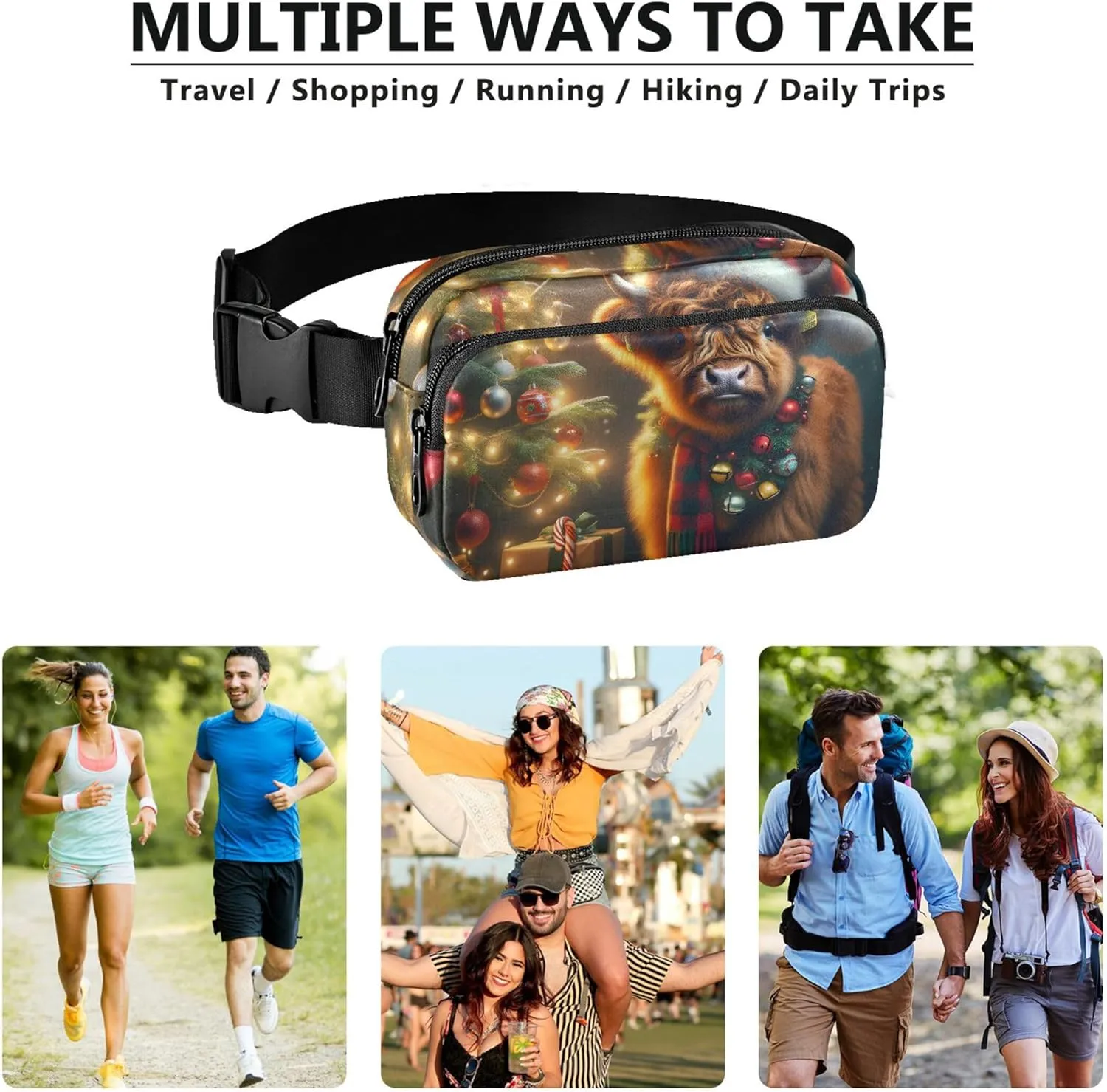 Christmas Cute Highland Cow Fanny Packs Women Waterproof Hip Bag Belt Pouch Cute Crossbody Waist Bag