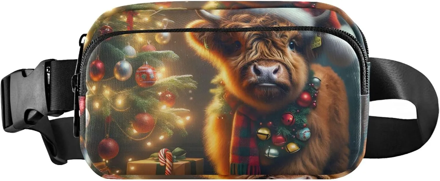 Christmas Cute Highland Cow Fanny Packs Women Waterproof Hip Bag Belt Pouch Cute Crossbody Waist Bag