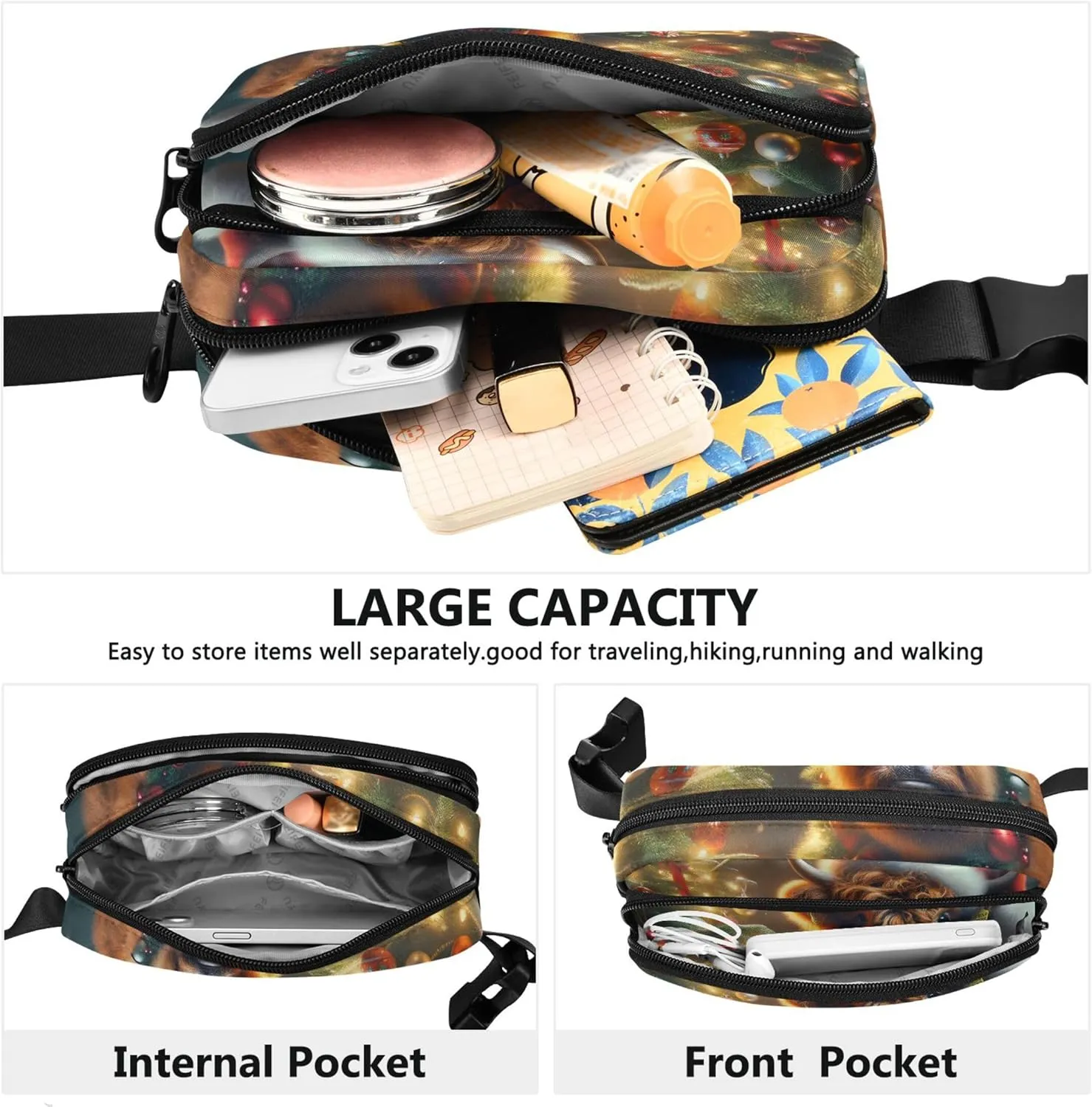 Christmas Cute Highland Cow Fanny Packs Women Waterproof Hip Bag Belt Pouch Cute Crossbody Waist Bag