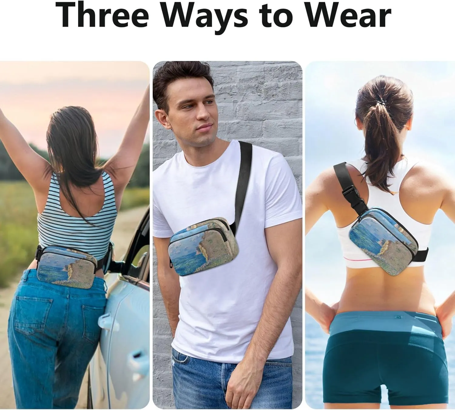 Claude Monet Painting Cliff Waterproof Women Fanny Pack Belt Bags Hip Pack Bright Color Travel Waist Pouch