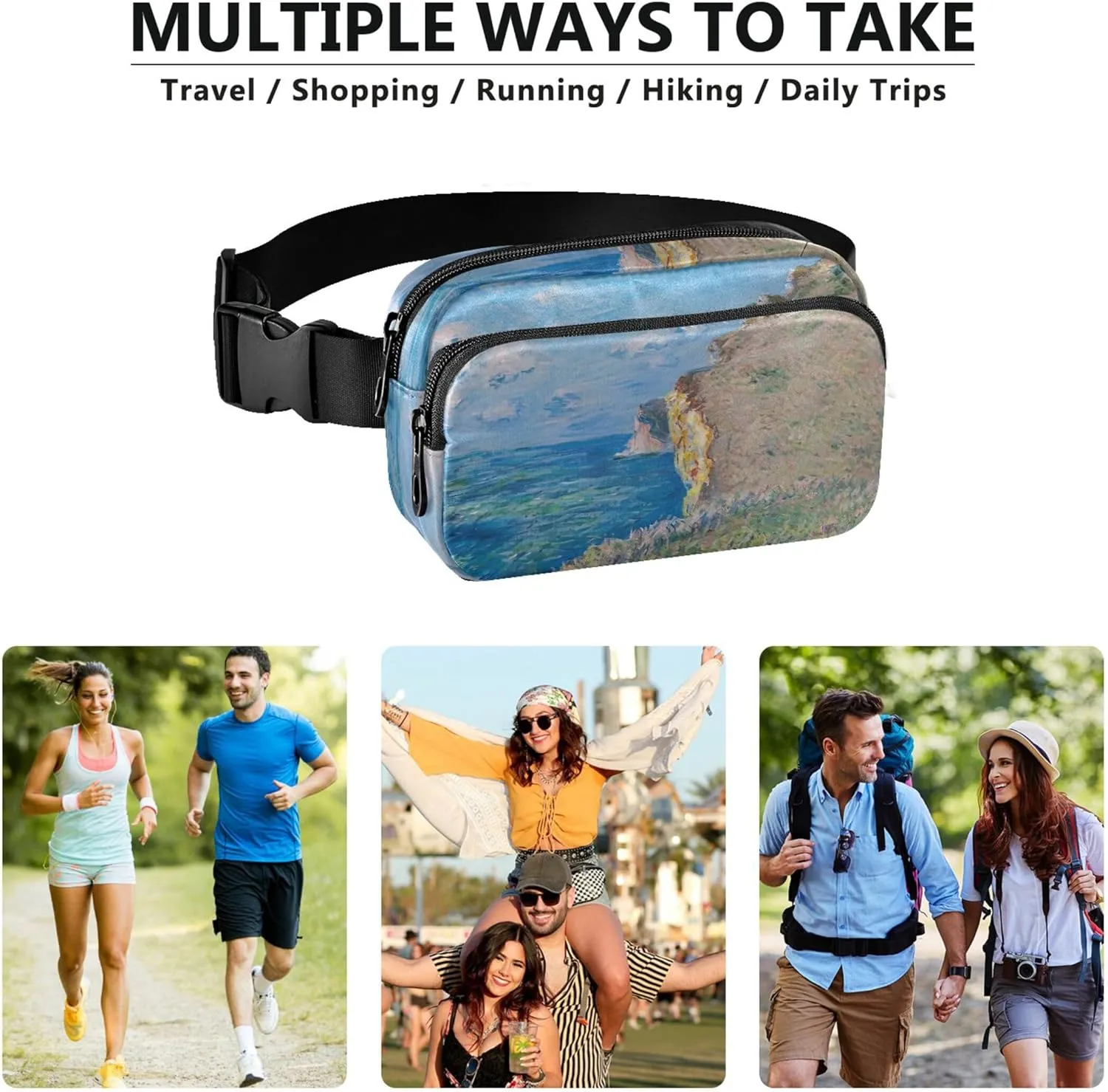Claude Monet Painting Cliff Waterproof Women Fanny Pack Belt Bags Hip Pack Bright Color Travel Waist Pouch