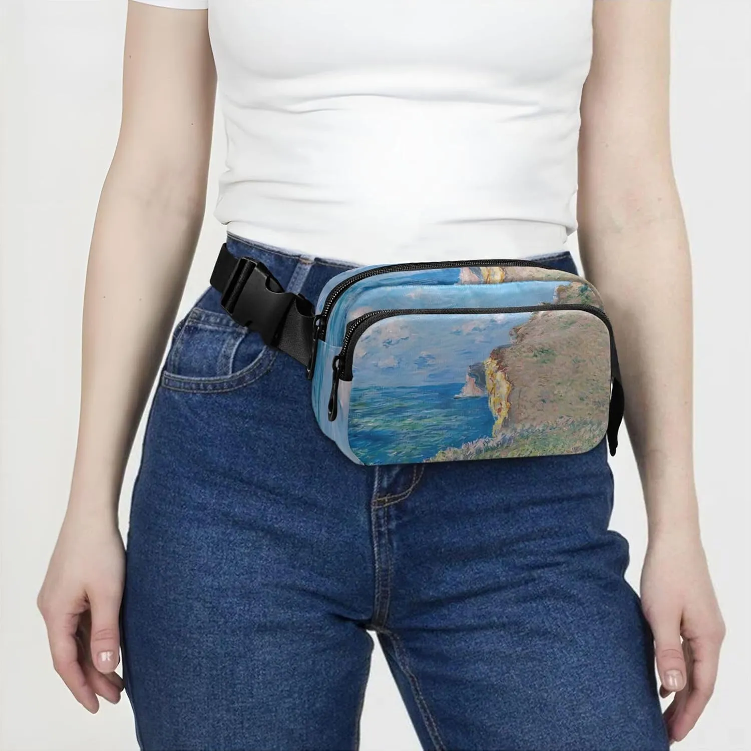 Claude Monet Painting Cliff Waterproof Women Fanny Pack Belt Bags Hip Pack Bright Color Travel Waist Pouch