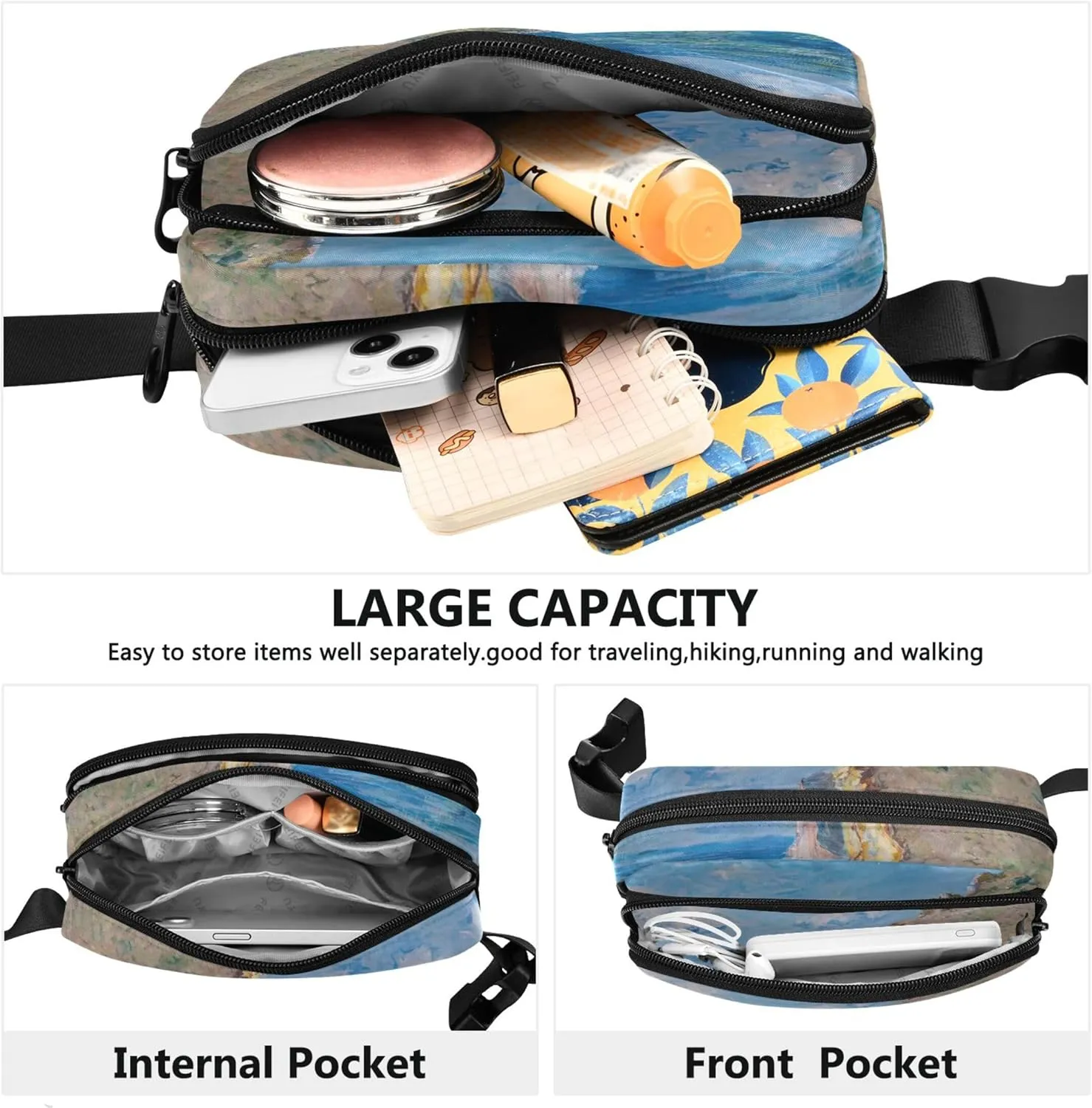 Claude Monet Painting Cliff Waterproof Women Fanny Pack Belt Bags Hip Pack Bright Color Travel Waist Pouch