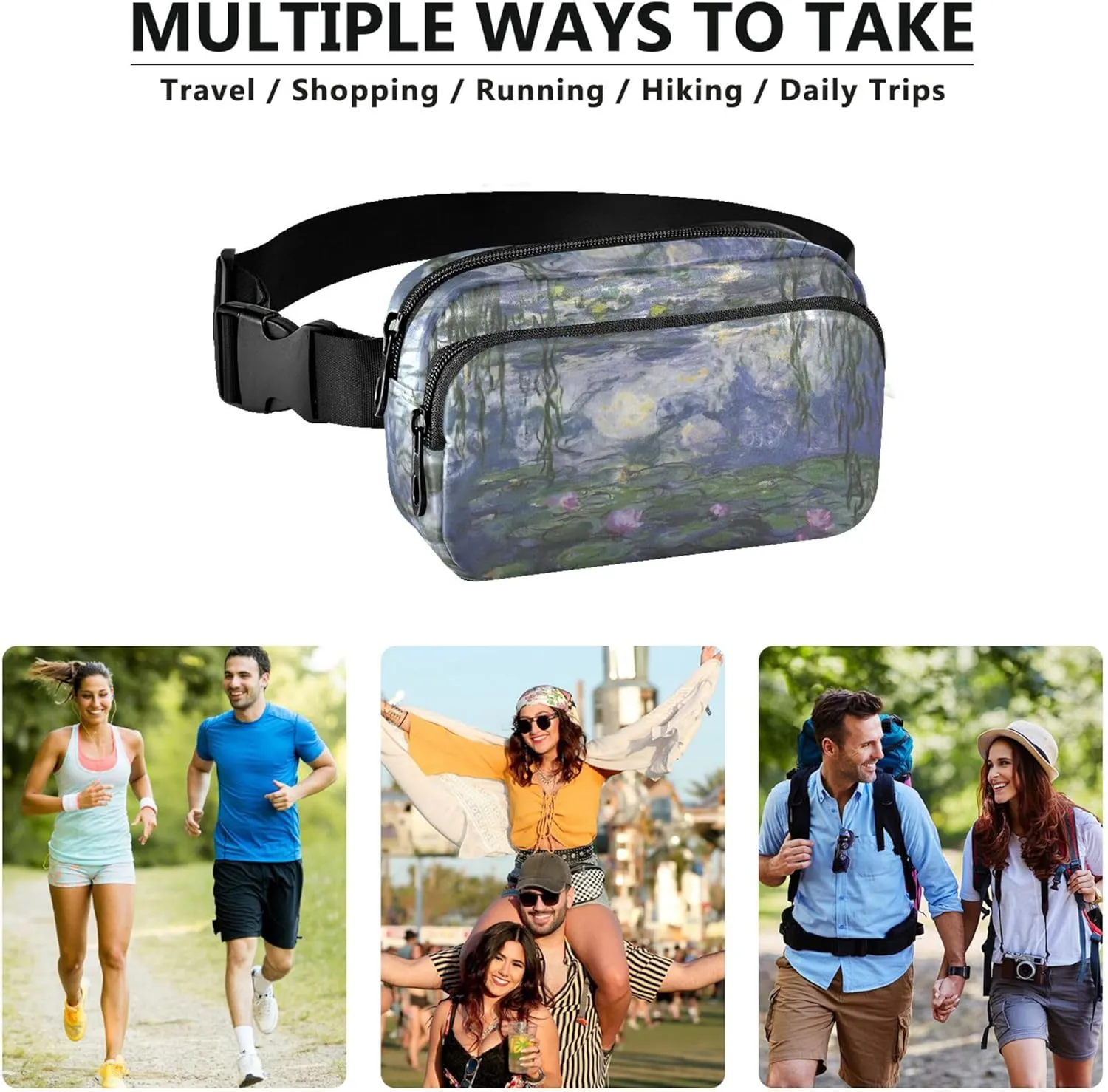 Claude Monet Water Lily Painting Fanny Packs for Women Waterproof Hip Pack Belt Bag Colorful Travel Waist Bag