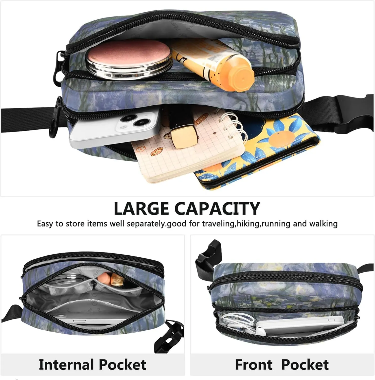 Claude Monet Water Lily Painting Fanny Packs for Women Waterproof Hip Pack Belt Bag Colorful Travel Waist Bag