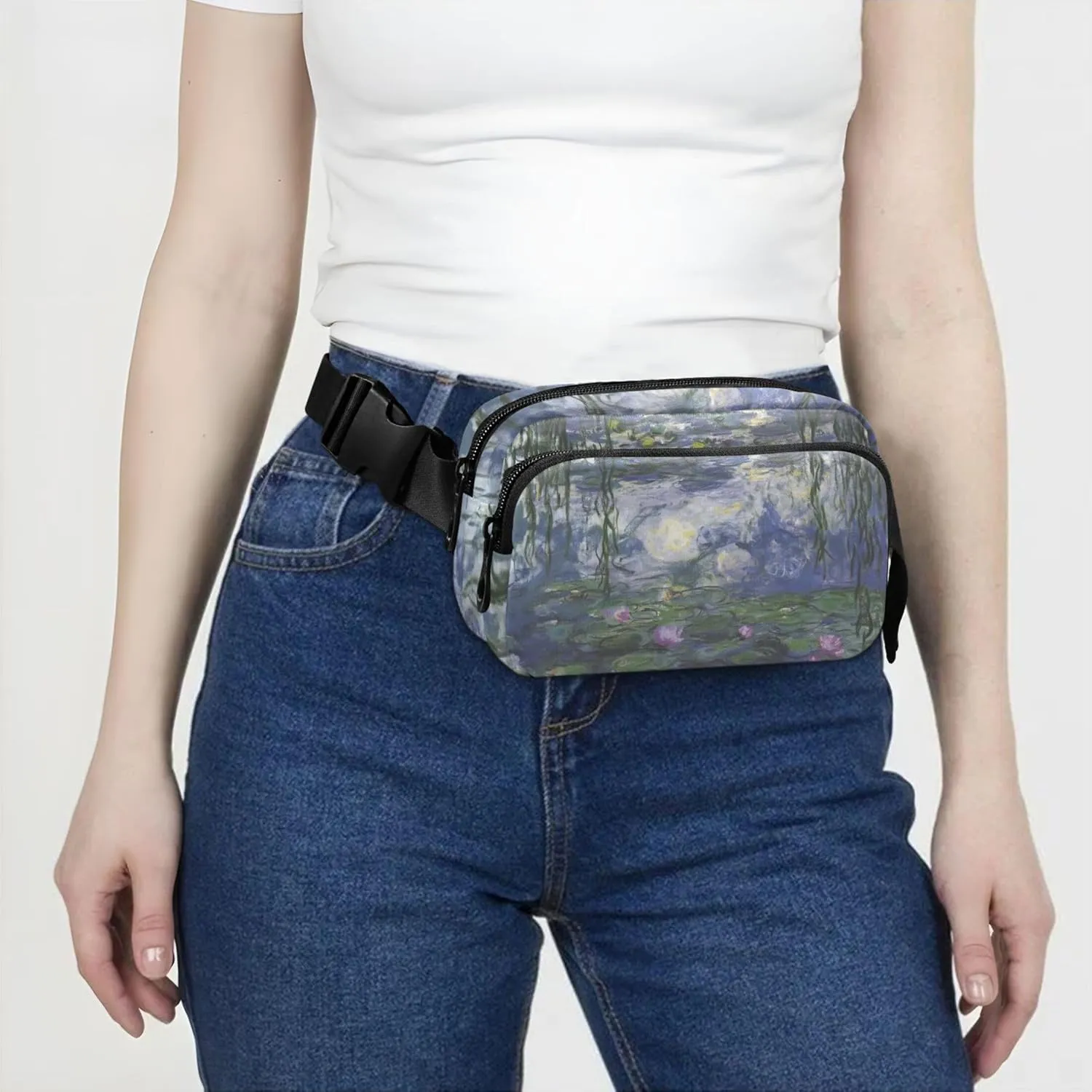 Claude Monet Water Lily Painting Fanny Packs for Women Waterproof Hip Pack Belt Bag Colorful Travel Waist Bag