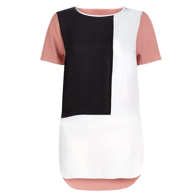 Color Block Top Summer T Shirt Women Color Block Short Sleeve Round Neck Casual T Shirts Tunic Tops