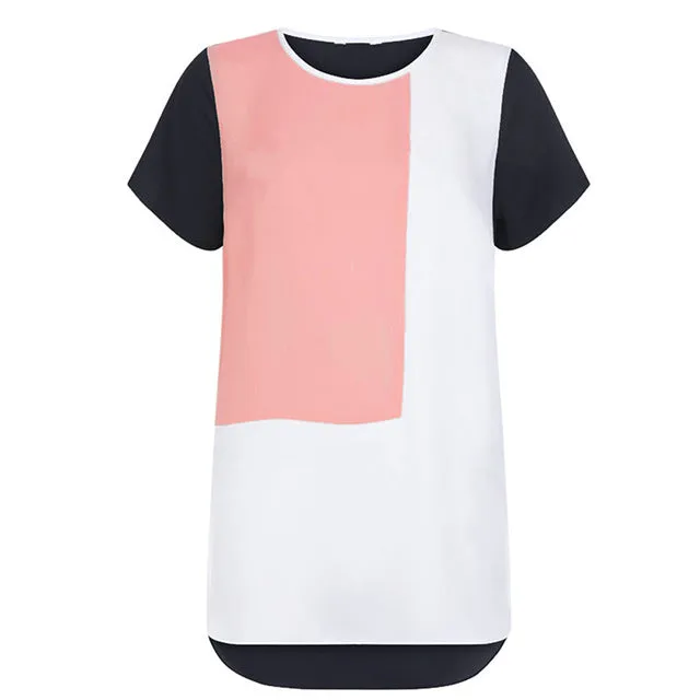 Color Block Top Summer T Shirt Women Color Block Short Sleeve Round Neck Casual T Shirts Tunic Tops