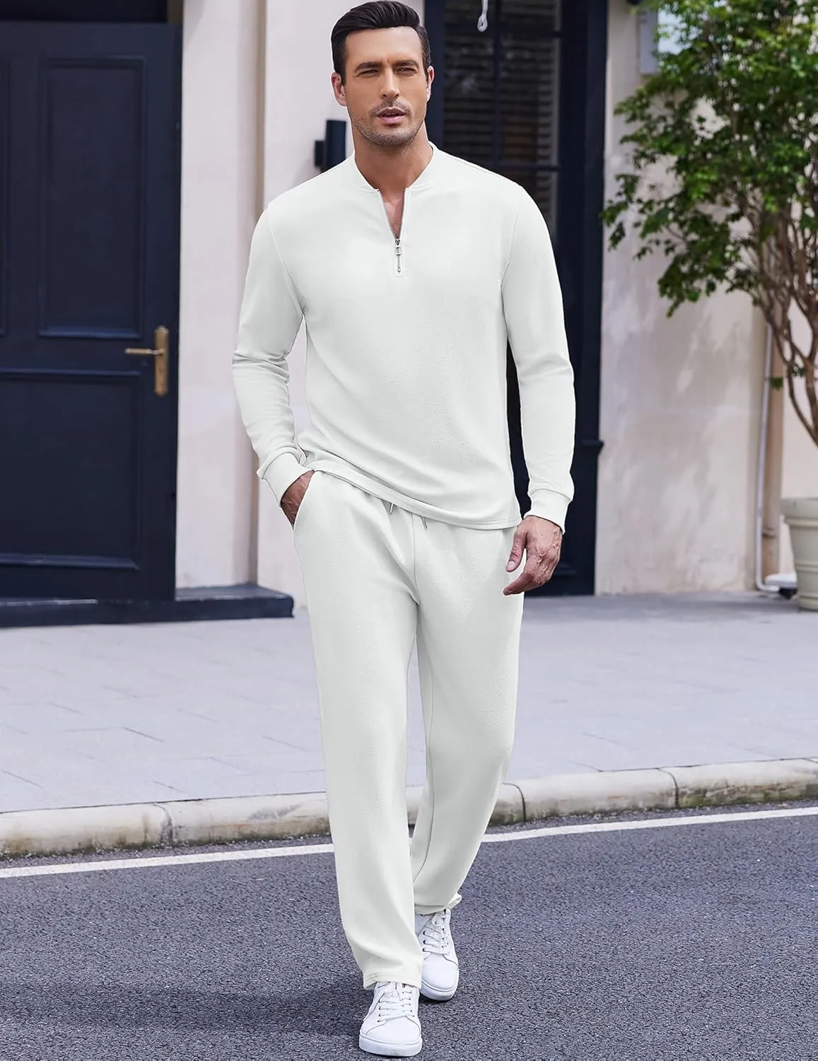 COOFANDY Men's 2 Piece Tracksuit Set Polo Athletic Sweatsuit Quarter Zip Jogging Long Sleeve Casual Sports Outfits