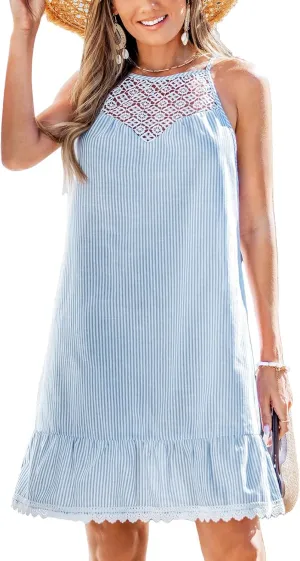 CUPSHE Women Ruffle Mini Summer Dress Stripe High Neck Contrast Lace Cut Out A Line Casual Sundress Beach Holiday Dress