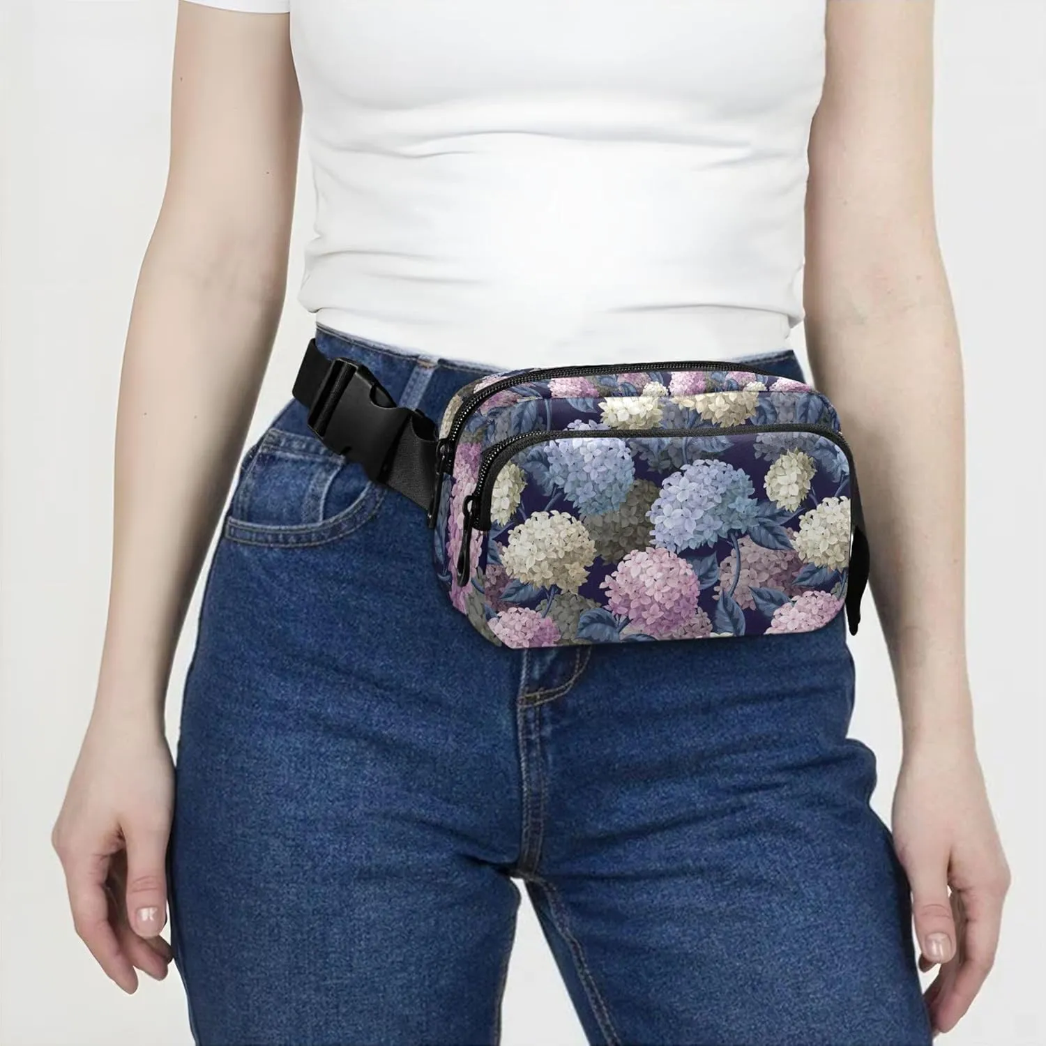 Custom Botanical Hydrangeas Fanny Pack for Women Waterproof Belt Bag Hip Pack Designer Crossbody Waist Purse