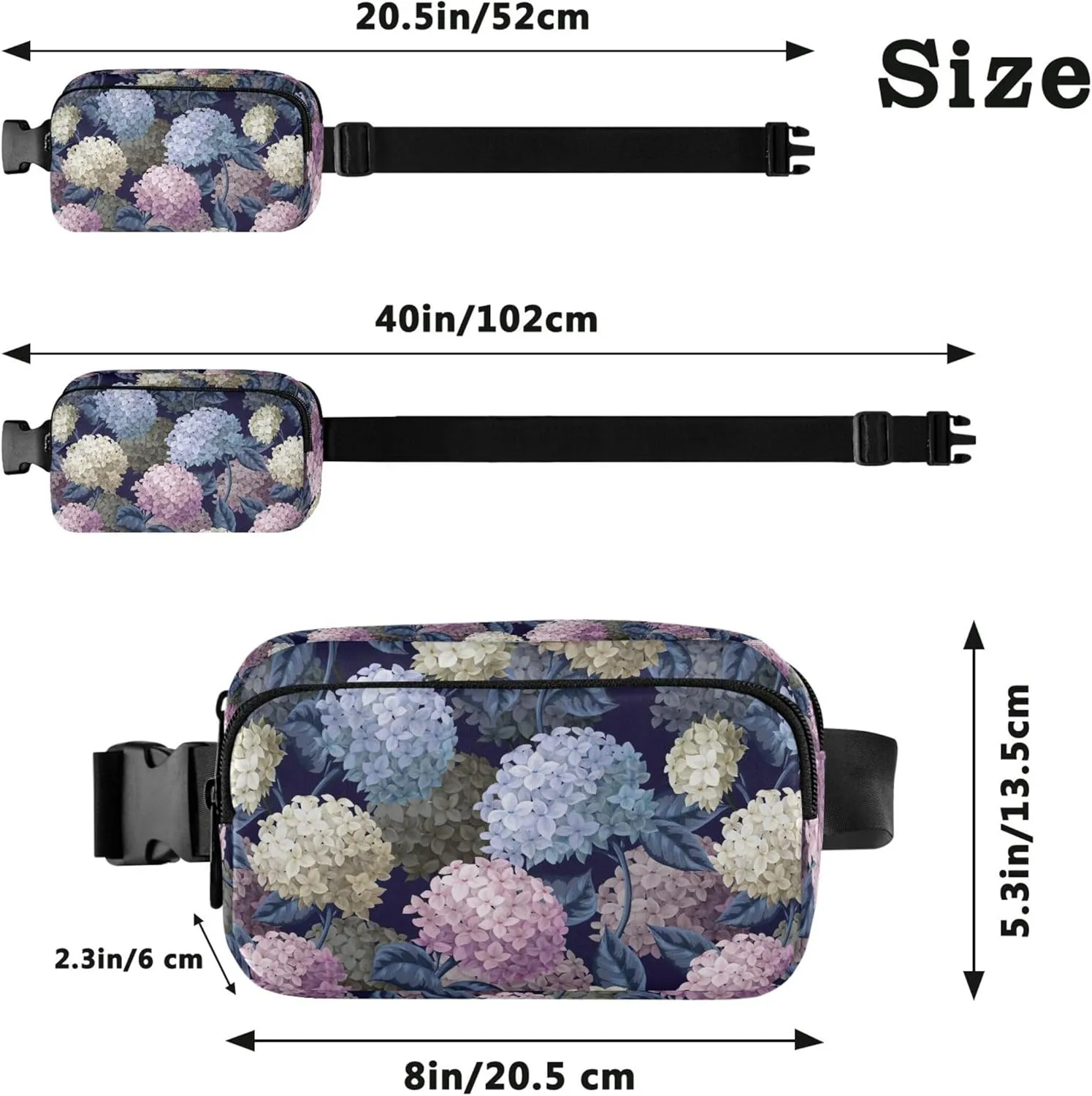 Custom Botanical Hydrangeas Fanny Pack for Women Waterproof Belt Bag Hip Pack Designer Crossbody Waist Purse