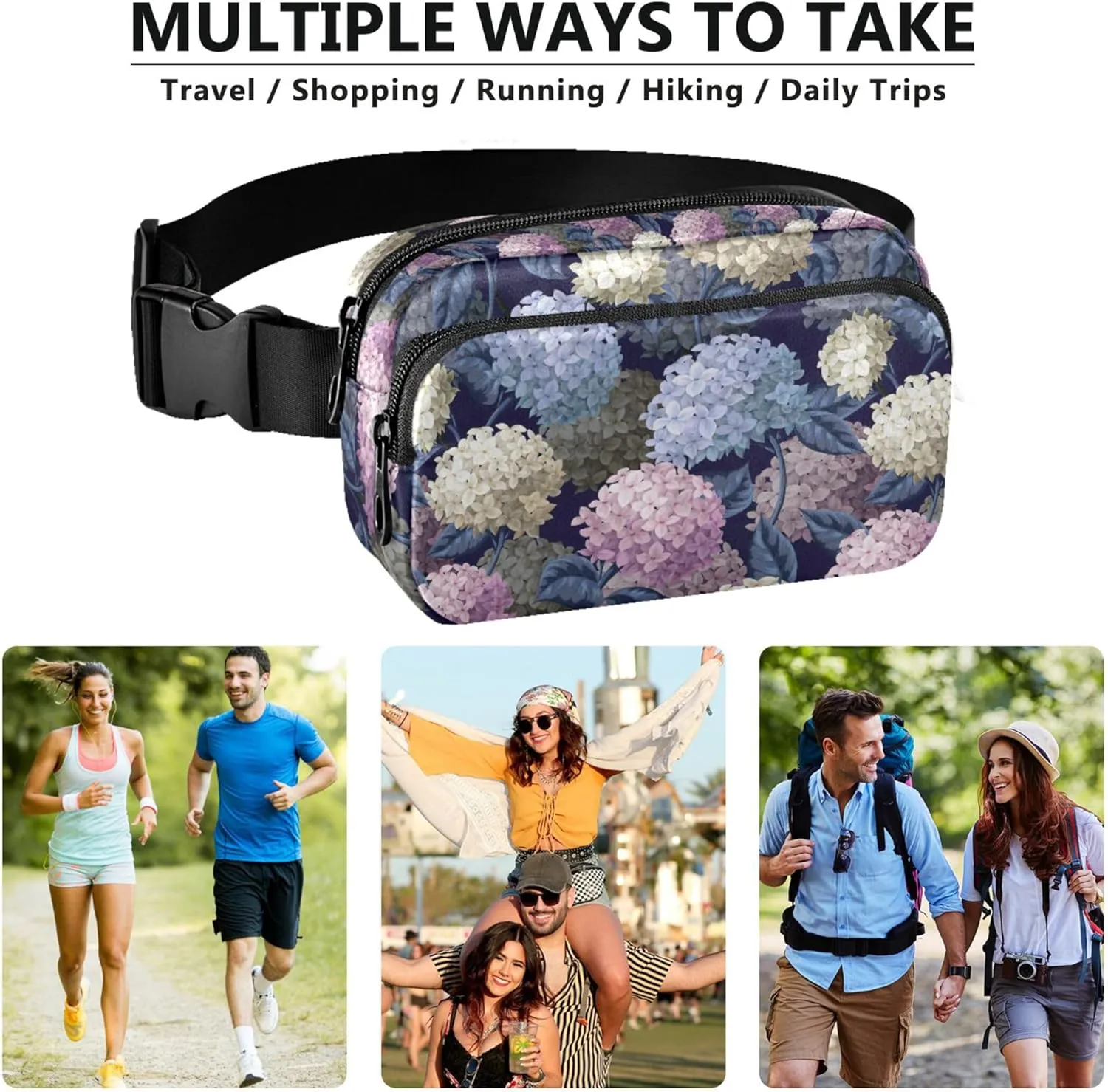 Custom Botanical Hydrangeas Fanny Pack for Women Waterproof Belt Bag Hip Pack Designer Crossbody Waist Purse
