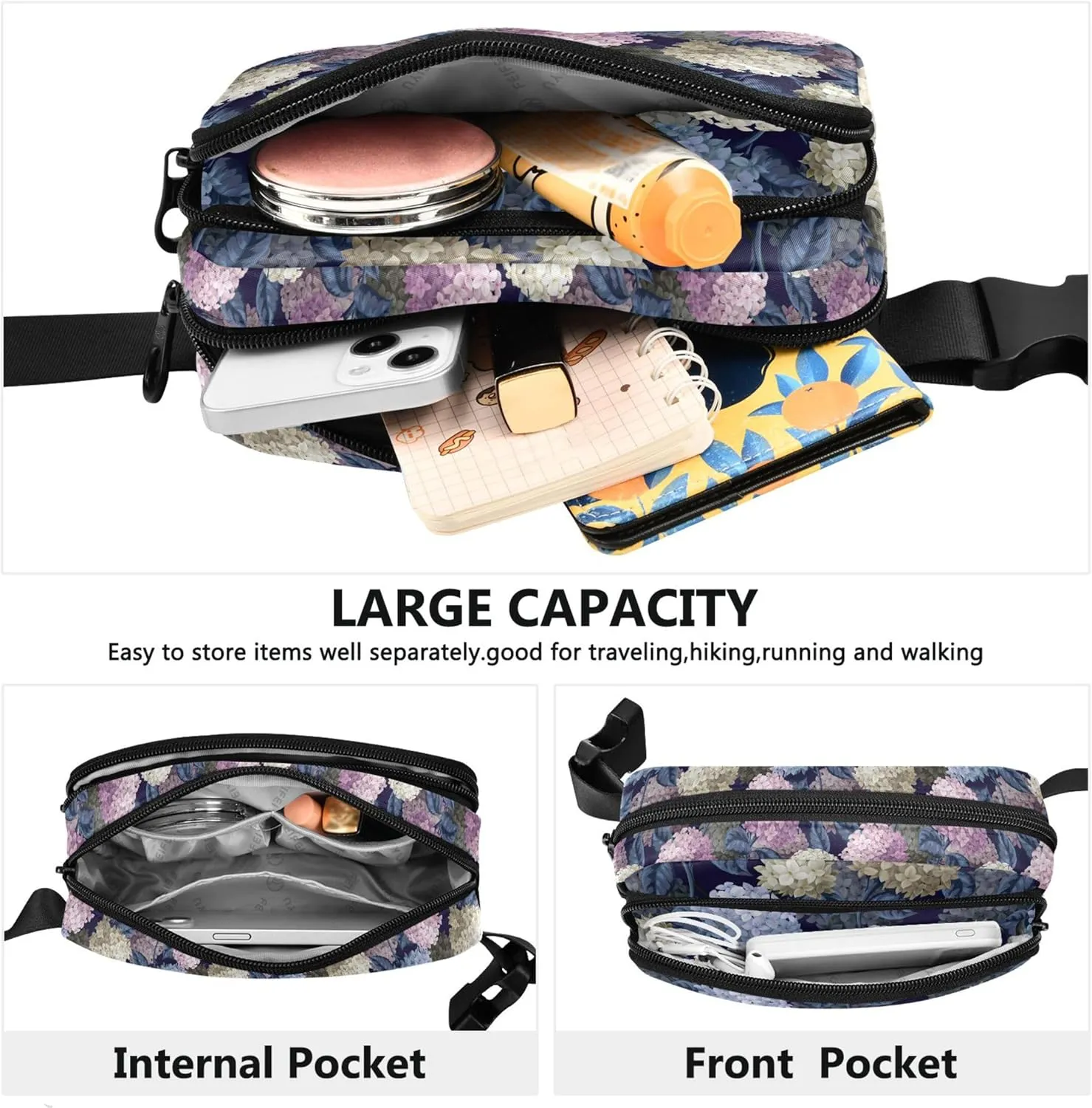 Custom Botanical Hydrangeas Fanny Pack for Women Waterproof Belt Bag Hip Pack Designer Crossbody Waist Purse