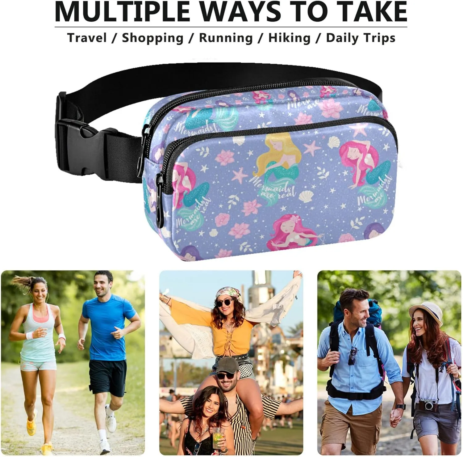 Custom Purple Mermaid Pink Fanny Pack for Women Waterproof Large Hip Belt Bag Cute Travel Waist Pouch
