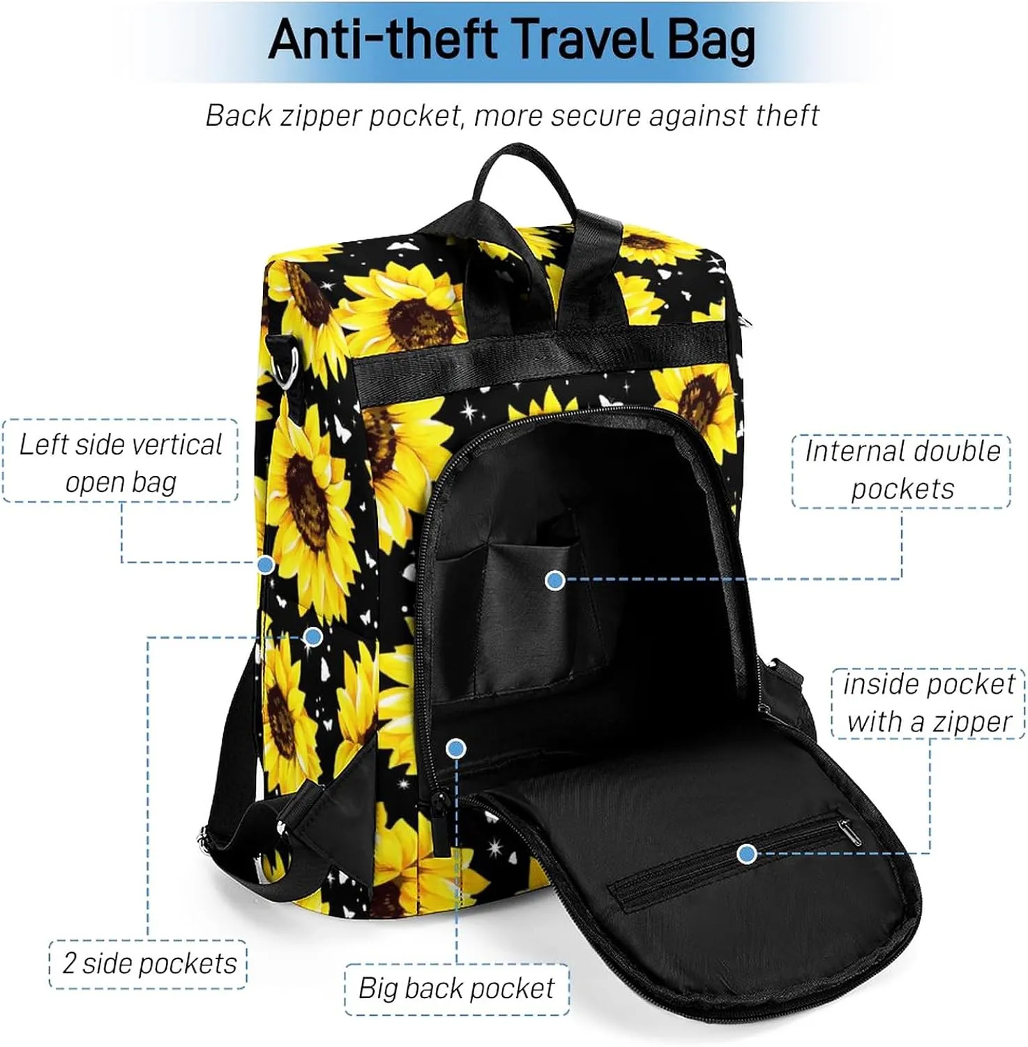 Custom Sunflower Anti-Theft Backpack for Women Ladies - Waterproof Oxford Shoulder Bag - Personalized Secure & Fashionable Daypack College Bookbag