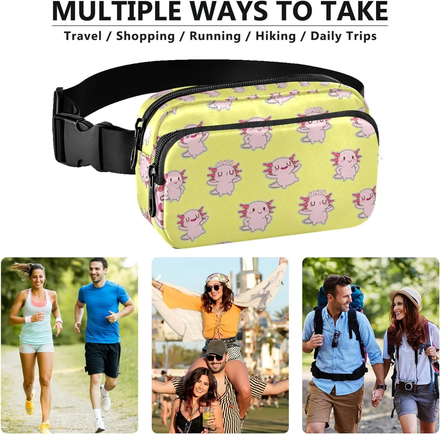 Cute Axolotl Yellow Pink Womens Fanny Pack Waterproof Belt Bag Hip Pouch Cute Waist Pouch for Women