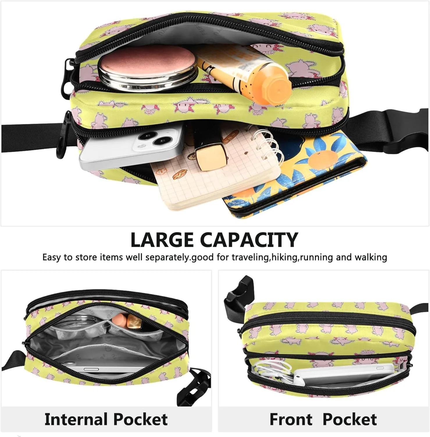 Cute Axolotl Yellow Pink Womens Fanny Pack Waterproof Belt Bag Hip Pouch Cute Waist Pouch for Women