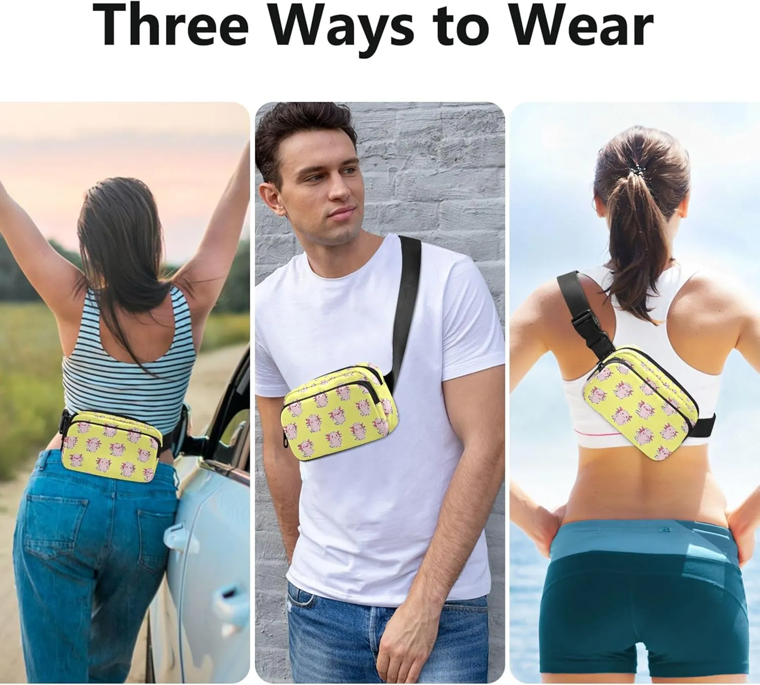 Cute Axolotl Yellow Pink Womens Fanny Pack Waterproof Belt Bag Hip Pouch Cute Waist Pouch for Women