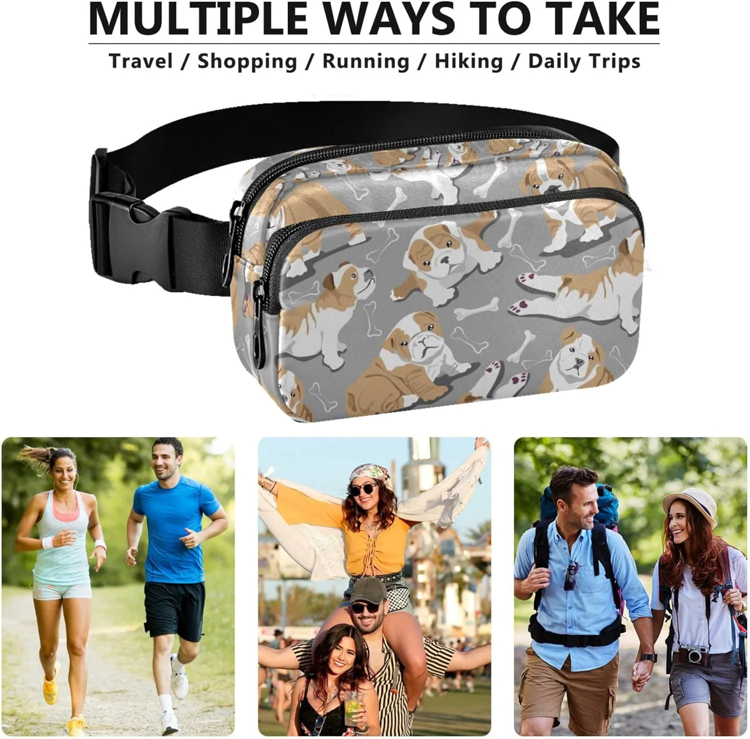 Cute Bulldog Puppies Dog Womens Fanny Pack Waterproof Belt Bag Hip Pack Trendy Waist Bag for Women