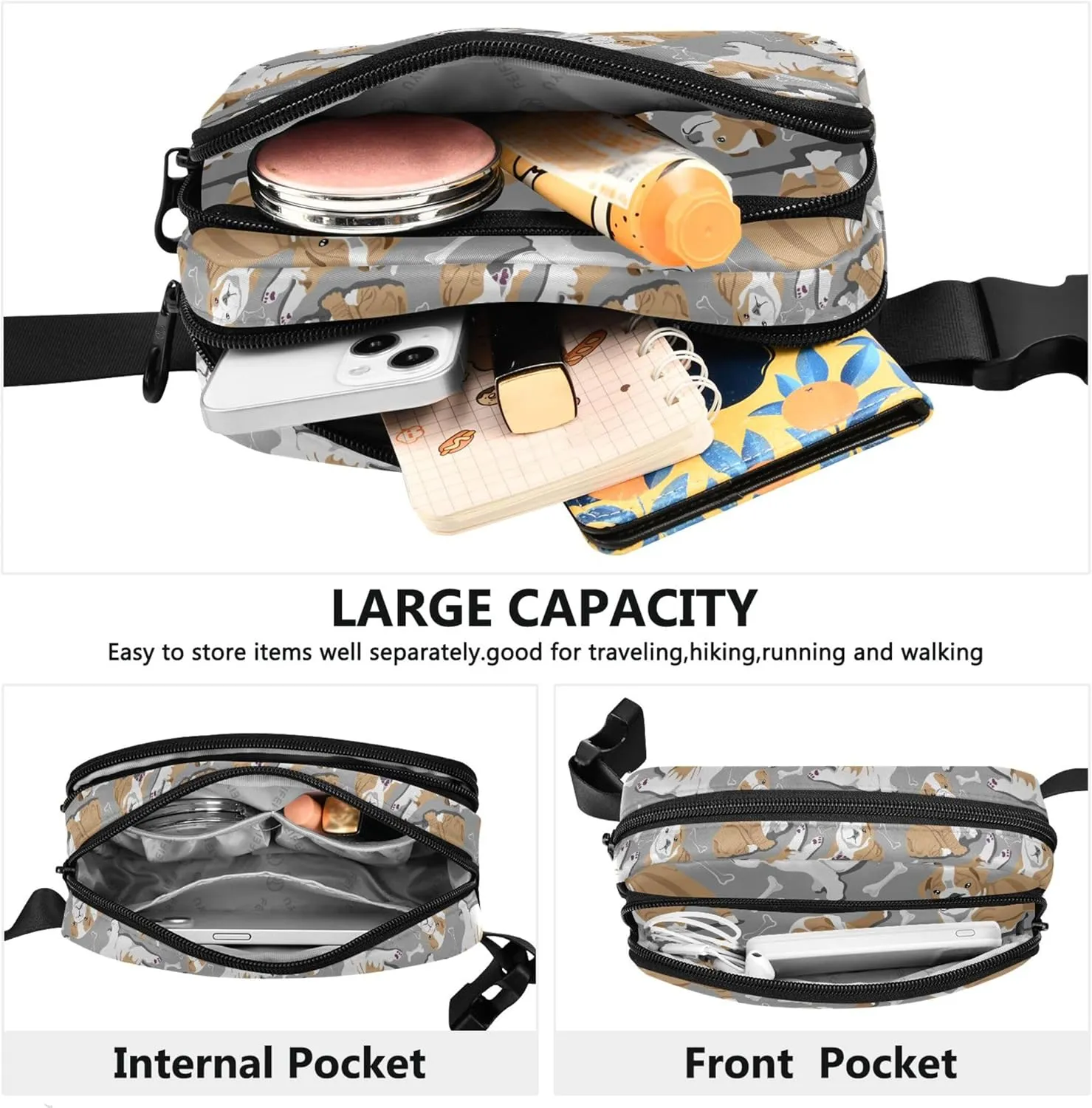 Cute Bulldog Puppies Dog Womens Fanny Pack Waterproof Belt Bag Hip Pack Trendy Waist Bag for Women