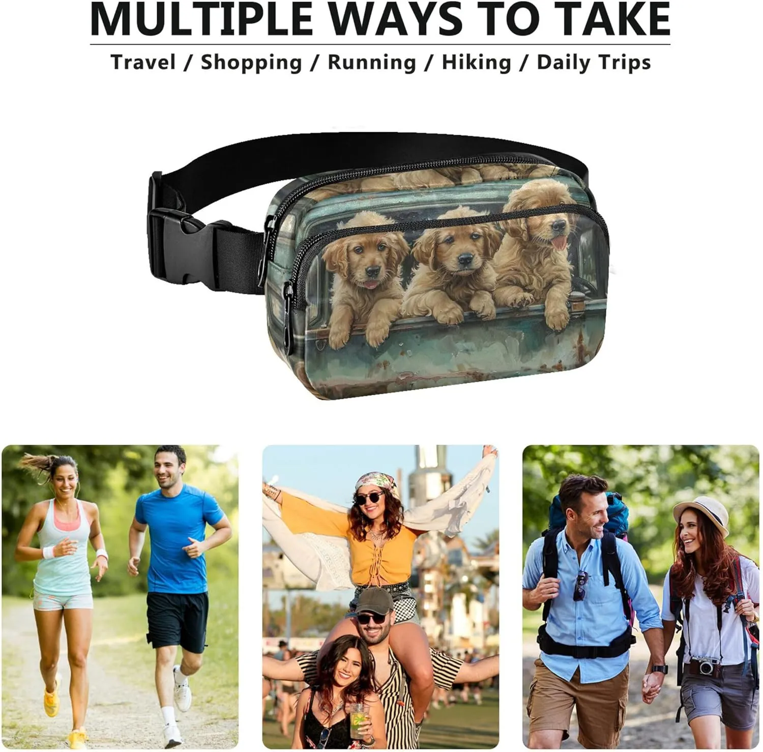 Cute Puppies Blue Car Fanny Pack for Women Festival Hip Bag Belt Pouch Waterproof Travel Waist Bag