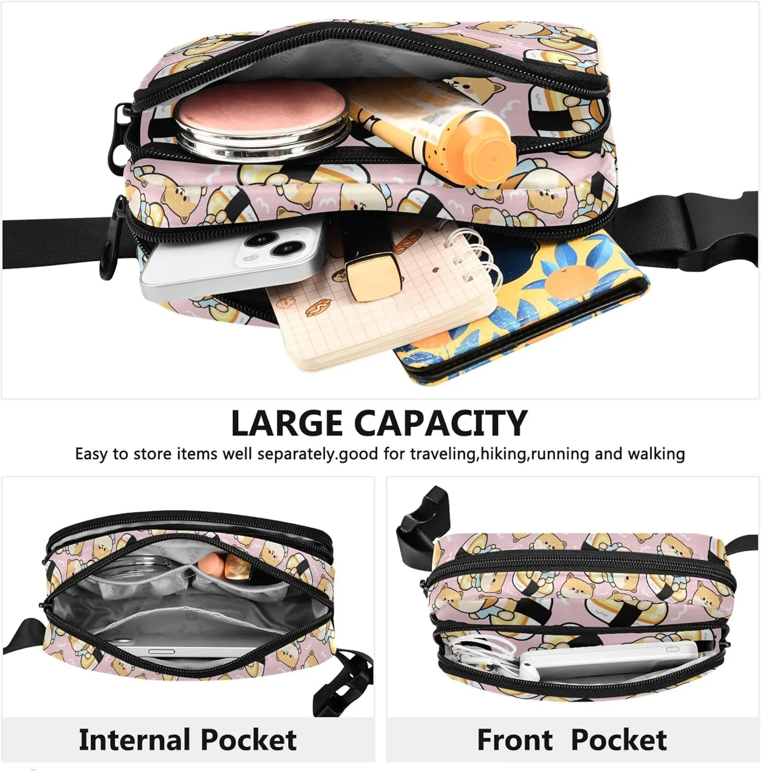 Cute Shiba Inu Dog Waterproof Fanny Pack for Women Hip Bag Belt Pouch Festival Travel Waist Bag