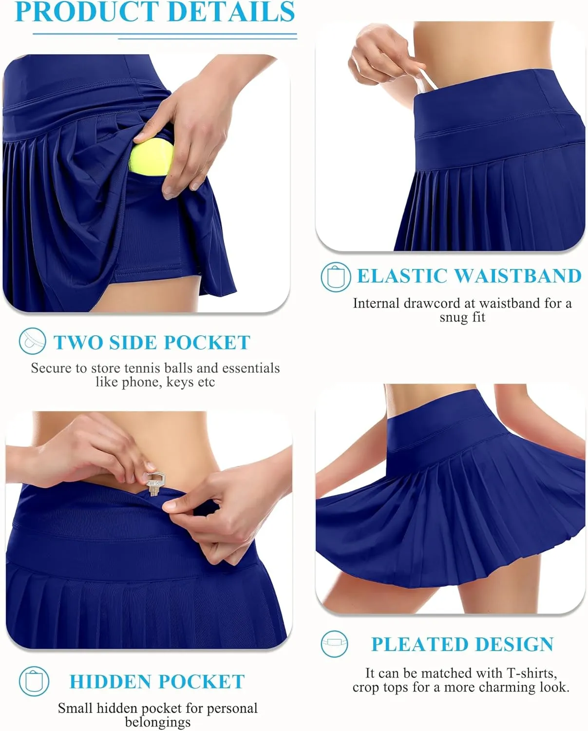 DERCA Pleated Tennis Skirt for Women with Pockets Shorts Athletic Golf Skirts Workout Sports Activewear Skort