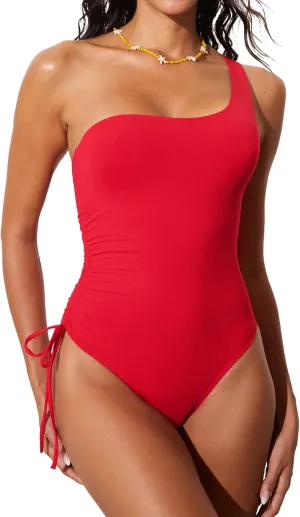 DOBREVA Women's One Piece Swimsuit One Shoulder Bathing Suit Tummy Control Modest Ruched Lined Swimwear