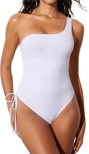 DOBREVA Women's One Piece Swimsuit One Shoulder Bathing Suit Tummy Control Modest Ruched Lined Swimwear