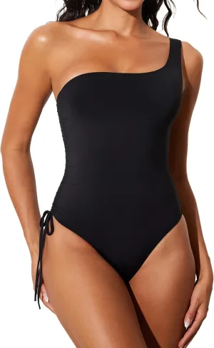 DOBREVA Women's One Piece Swimsuit One Shoulder Bathing Suit Tummy Control Modest Ruched Lined Swimwear