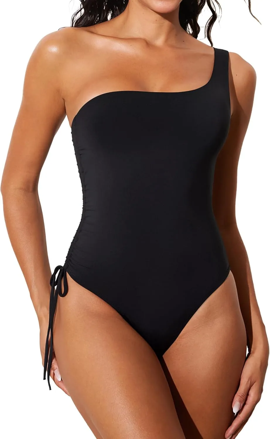 DOBREVA Women's One Piece Swimsuit One Shoulder Bathing Suit Tummy Control Modest Ruched Lined Swimwear