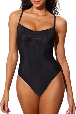 DOBREVA Women's One Piece Swimsuit Underwire Ribbed Bathing Suit Unlined Support V Neck Adjustable Straps Swimwear