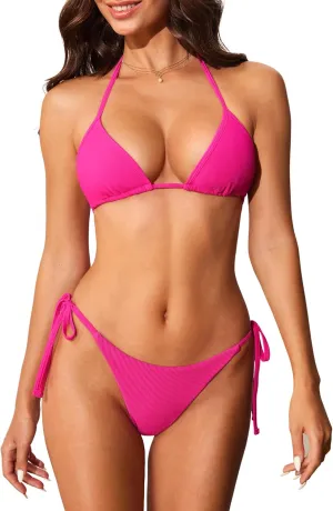 DOBREVA Women's Two Piece Swimsuit Triangle Bikini Sets String Ribbed Sexy Bathing Suit Halter Swimwear