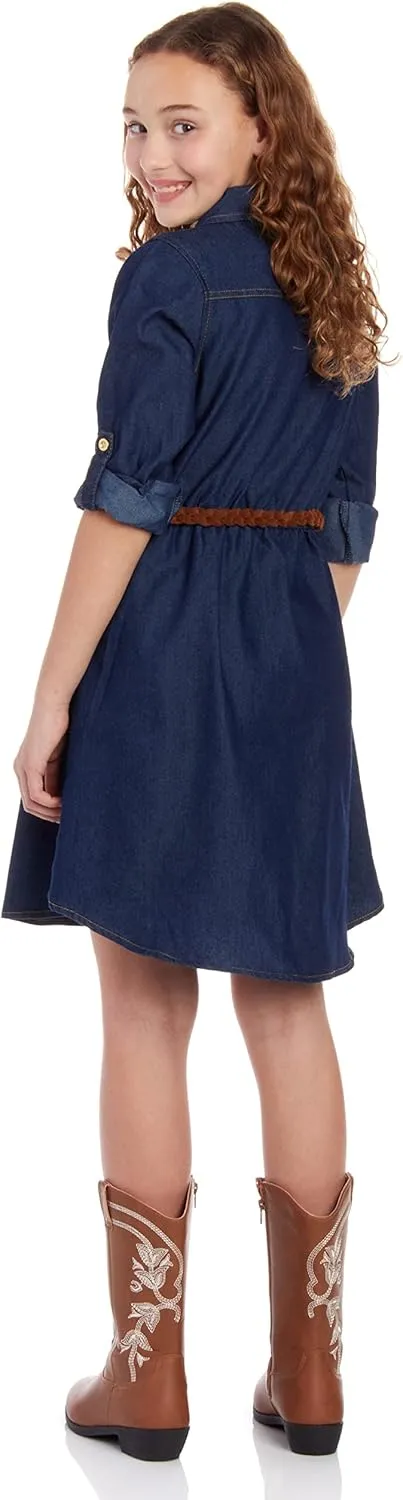 dollhouse Girls' Denim Dress - Casual Long Sleeve Jean Dress for Girls - Button Down Blue Knee Level Dresses for Girls (7-16)