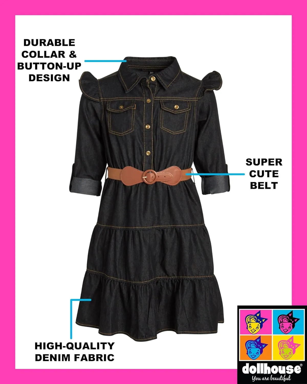 dollhouse Girls' Denim Dress - Casual Long Sleeve Jean Dress for Girls - Button Down Blue Knee Level Dresses for Girls (7-16)