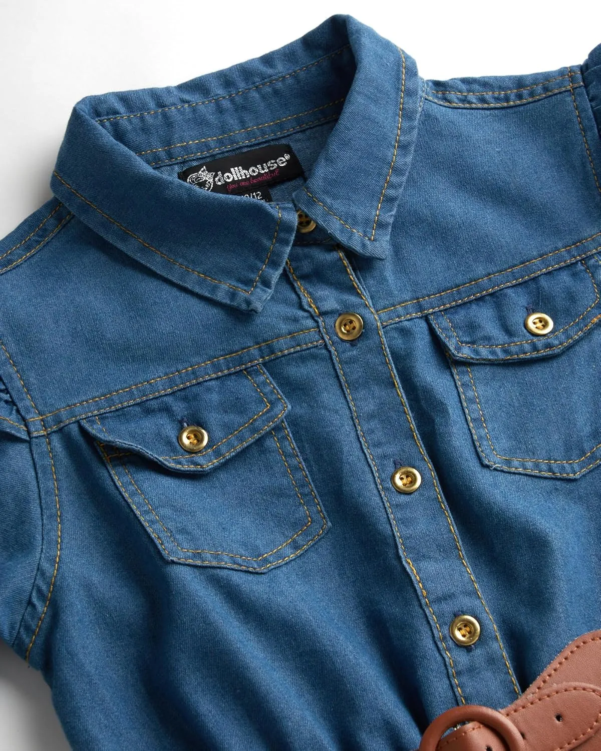 dollhouse Girls' Denim Dress - Casual Long Sleeve Jean Dress for Girls - Button Down Blue Knee Level Dresses for Girls (7-16)