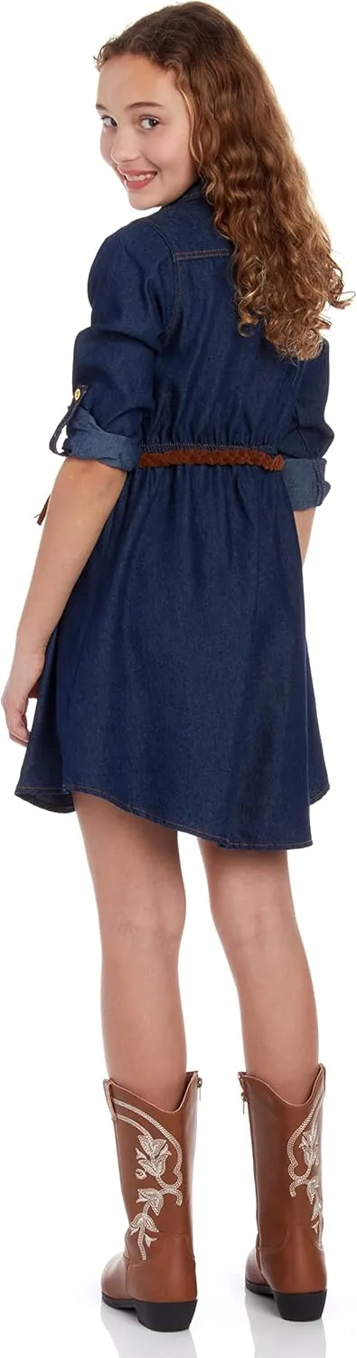 dollhouse Girls' Denim Dress - Casual Long Sleeve Jean Dress for Girls - Button Down Blue Knee Level Dresses for Girls (7-16)
