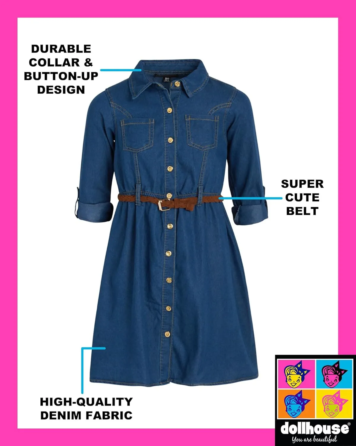 dollhouse Girls' Denim Dress - Casual Long Sleeve Jean Dress for Girls - Button Down Blue Knee Level Dresses for Girls (7-16)