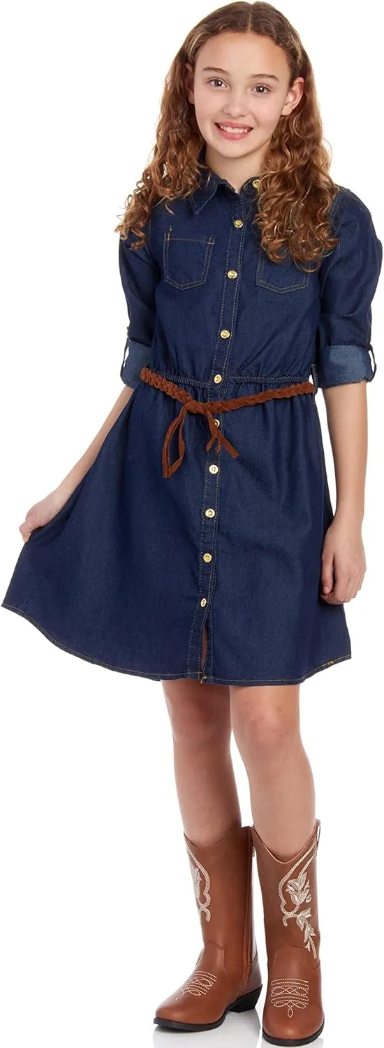 dollhouse Girls' Denim Dress - Casual Long Sleeve Jean Dress for Girls - Button Down Blue Knee Level Dresses for Girls (7-16)