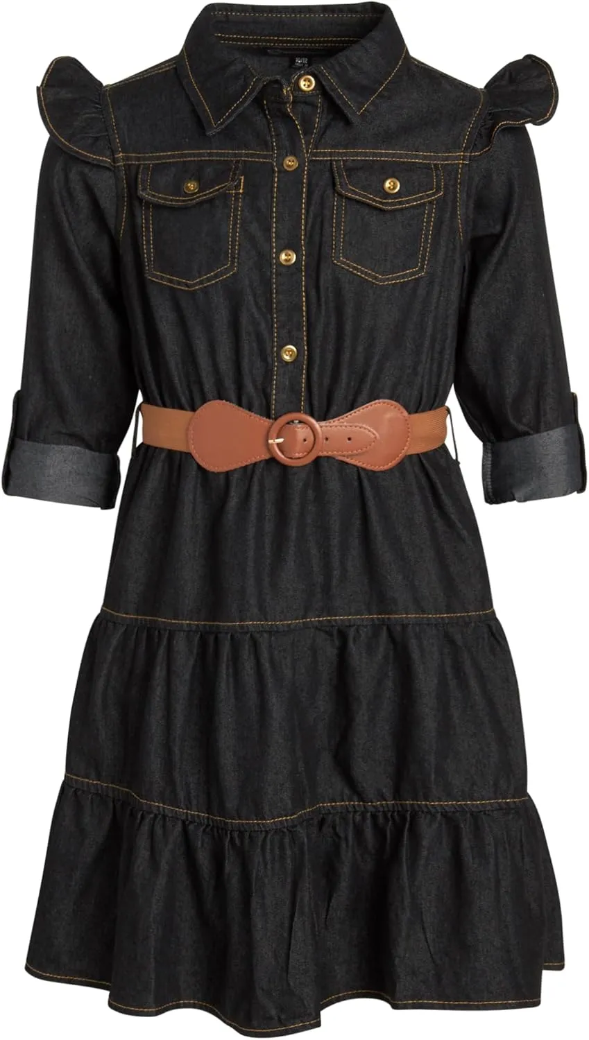 dollhouse Girls' Denim Dress - Casual Long Sleeve Jean Dress for Girls - Button Down Blue Knee Level Dresses for Girls (7-16)